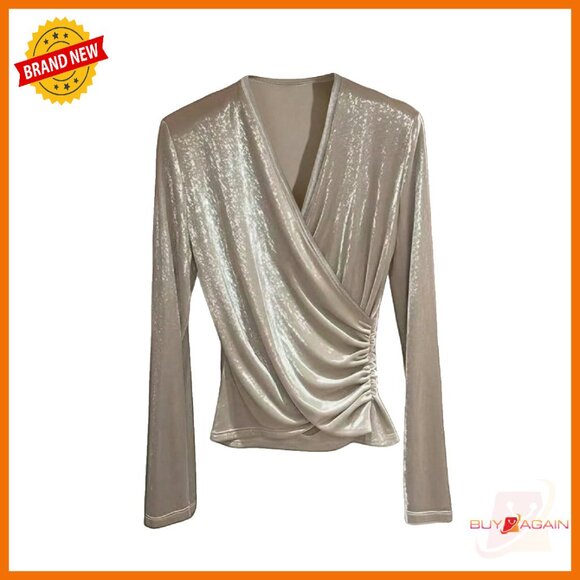 Tops - Velvet Wrap V Neck Ruched Long Sleeve Top S M L